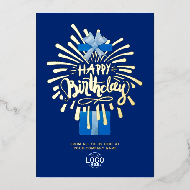 Invitación Con Relieve Metalizado Añadir logotipo Caja de regalo azul Fuegos artific (Anverso)