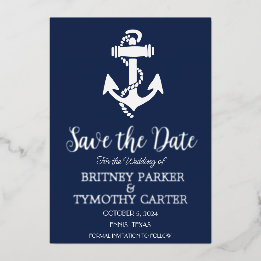 Invitación Con Relieve Metalizado Ancla Boda Código QR Moderno Azul Marítimo