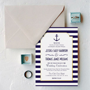 Invitación Con Relieve Metalizado Ancla de raya blanca y marina náutica Boda Real F