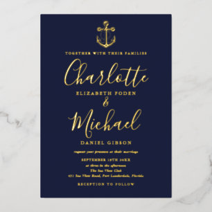 Invitación Con Relieve Metalizado Ancla Náutica Azul Chic Boda Hoja de Oro