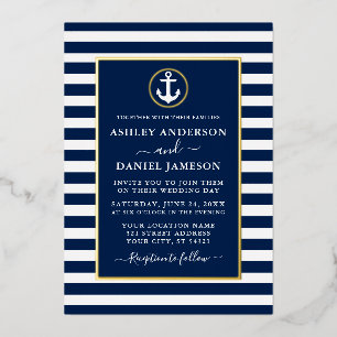 Invitación Con Relieve Metalizado Ancla Náutica Boda Rayas Azules Dorado