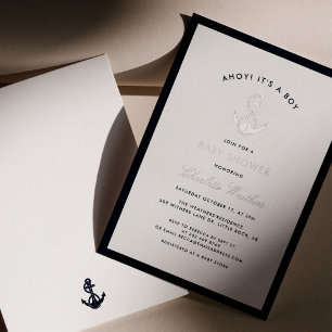 Invitación Con Relieve Metalizado Ancla Náutica Elegante Niño Baby Shower Plata