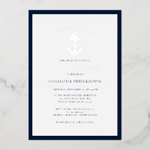 Invitación Con Relieve Metalizado Ancla Náutica Minimalista para Baby Shower de Niño