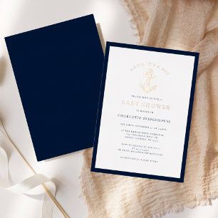 Invitación Con Relieve Metalizado Ancla Náutica Niño Costero Baby Shower Rosa Dorado