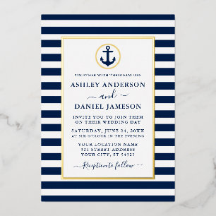 Invitación Con Relieve Metalizado Ancla Náutica Rayas Azul Marino Boda Oro
