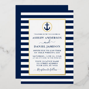 Invitación Con Relieve Metalizado Ancla Náutica Rayas Azules Boda Oro