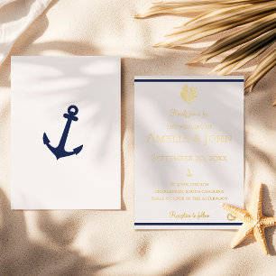 Invitación Con Relieve Metalizado Ancla Nupcial Azul Marino Blanco Dorado