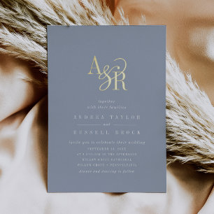 Invitación Con Relieve Metalizado ANDREA Azul Polvoriento Hoja de Oro Formal Elegant