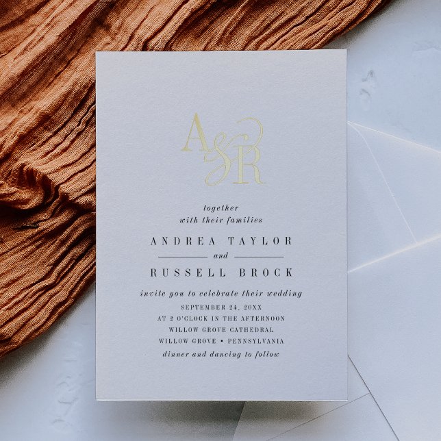 Invitación Con Relieve Metalizado ANDREA Black White Gold Boda formal elegante (ANDREA Black White Gold Formal Elegant Wedding Foil Invitation)