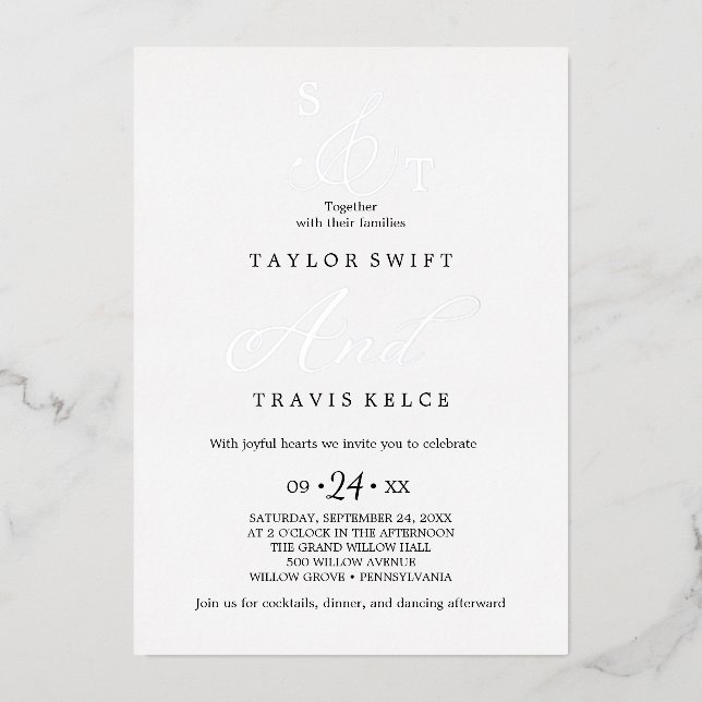 Invitación Con Relieve Metalizado ANDREA Boda elegante formal, blanca y dorada (Anverso)