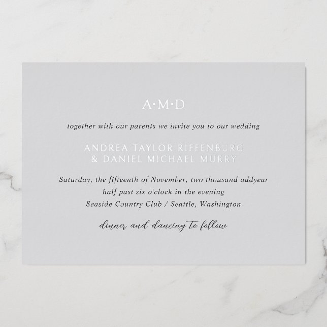 Invitación Con Relieve Metalizado Andrea Gray Elegant Wedding (Anverso)