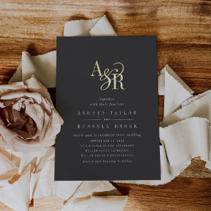 Invitación Con Relieve Metalizado ANDREA Gris Oscuro Blanco Dorado Elegante Lujo Bod