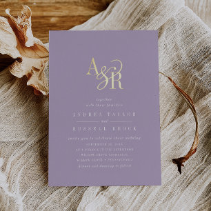 Invitación Con Relieve Metalizado ANDREA Lila Hoja de Oro Formal Elegante Boda