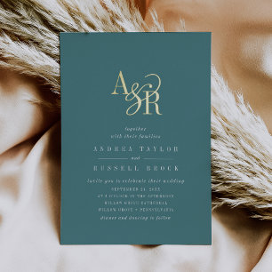 Invitación Con Relieve Metalizado ANDREA Oscuro Formal Elegante Boda Teal Dorado Foi