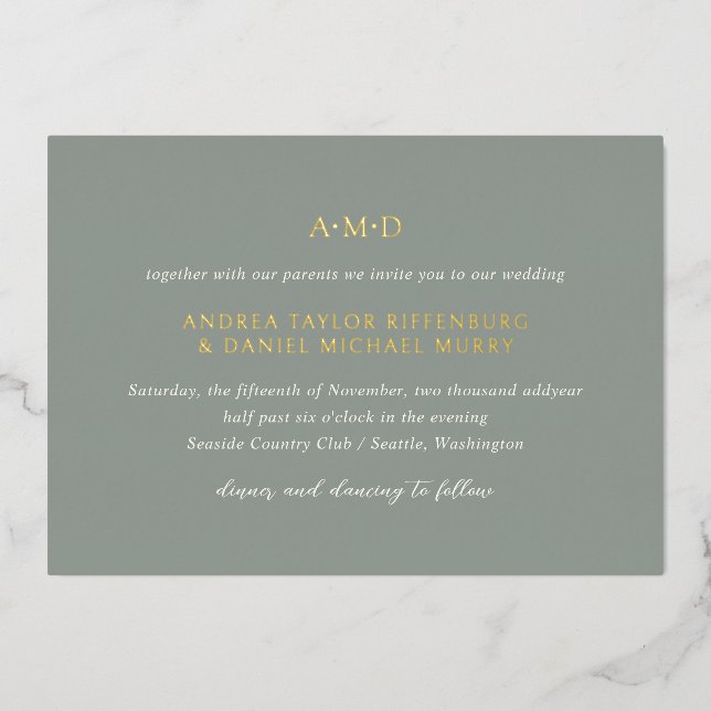 Invitación Con Relieve Metalizado Andrea Sage Green Elegant Wedding (Anverso)