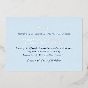 Invitación Con Relieve Metalizado Andrea Sky Blue Elegante Boda