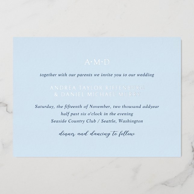 Invitación Con Relieve Metalizado Andrea Sky Elegant Wedding (Anverso)