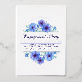 Invitación Con Relieve Metalizado Anémona floral plateada azul acuarela compromiso