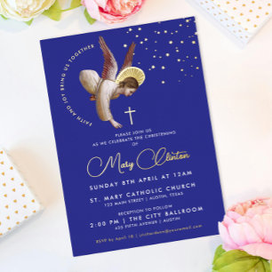 Invitación Con Relieve Metalizado Ángel Azul Elegante Pintura de Bautizo