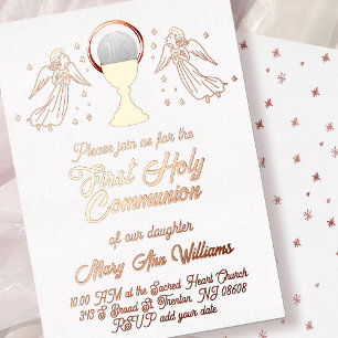 Invitación Con Relieve Metalizado ángeles de papel de oro rosa Primera Comunión