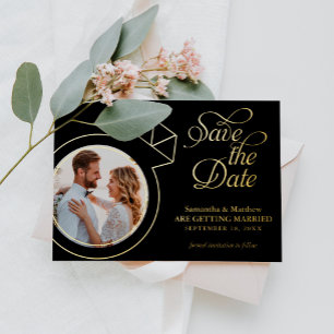 Invitación Con Relieve Metalizado Anillo de Diamante Foto Personalizada Boda Guardar