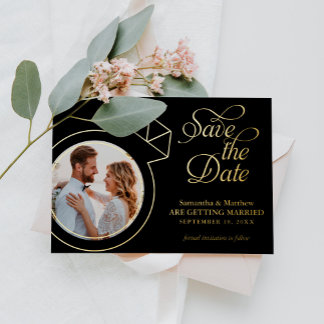 Invitación Con Relieve Metalizado Anillo de Diamante Foto Personalizada Save The Dat