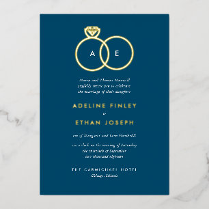 Invitación Con Relieve Metalizado Anillos Modernos Simples de Bodas con Monograma