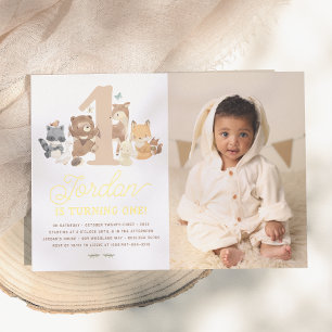 Invitación Con Relieve Metalizado Animales Brillantes del Bosque Cumpleaños Número U