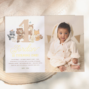 Invitación Con Relieve Metalizado Animales Brillantes del Bosque Cumpleaños Número U