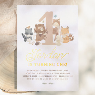 Invitación Con Relieve Metalizado Animales Brillantes del Bosque Cumpleaños Número U