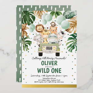 Invitación Con Relieve Metalizado Animales de fiesta de safari cumpleaños salvaje ni