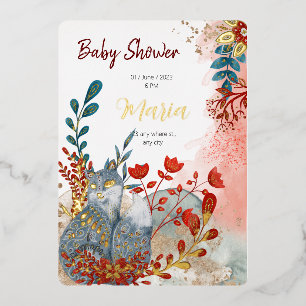 Invitación Con Relieve Metalizado Animales de nieve zorro flores para babyshower hoj