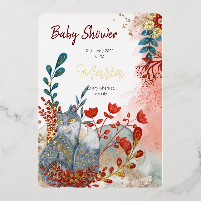 Invitación Con Relieve Metalizado Animales de nieve zorro flores para babyshower hoj (Anverso)