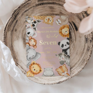 Invitación Con Relieve Metalizado Animales de Safari de la Selva Tropical Rosa