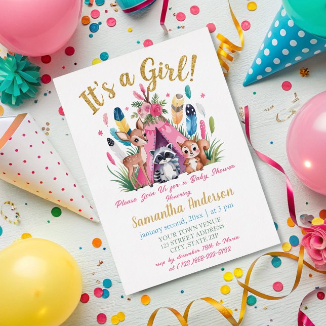 Invitación Con Relieve Metalizado Animales de Woodland Rosa Cute Chica Baby Shower (Subido por el creador)