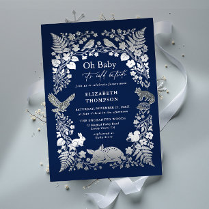 Invitación Con Relieve Metalizado Animales del Bosque de Invierno Azul Baby Shower