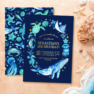 Invitación Con Relieve Metalizado Animales Oceánicos Acuarela Azul Cumpleaños 3
