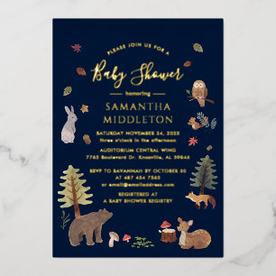 Invitación Con Relieve Metalizado Animales Rústicos del Bosque Otoño Shower de Bebé