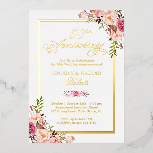 Invitación Con Relieve Metalizado Aniversario boda Elegante Rubor Floral Real Gold (Anverso)