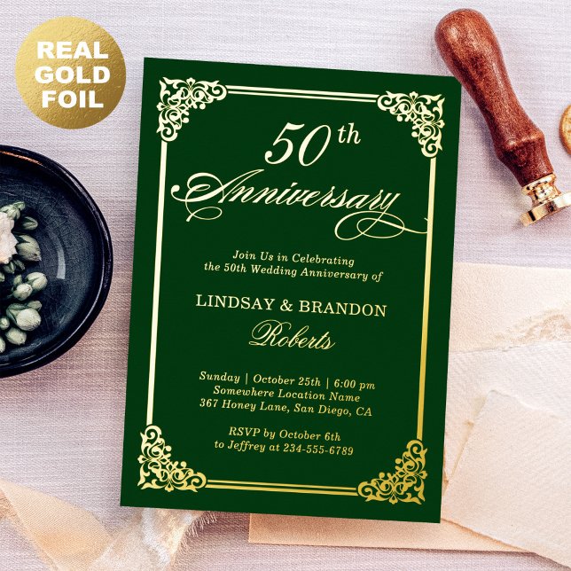 Invitación Con Relieve Metalizado Aniversario boda Marco elegante Oro Verde Real (Subido por el creador)