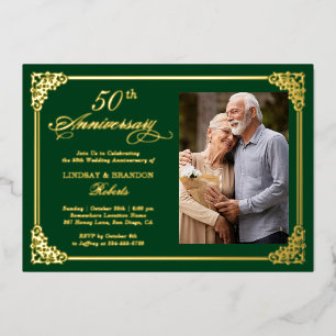 Invitación Con Relieve Metalizado Aniversario de Boda Damasco Lujoso Foil Dorado
