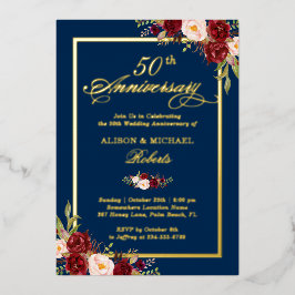 Invitación Con Relieve Metalizado Aniversario de Boda Floral Borgoña con Oro Real