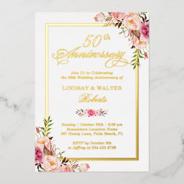 Invitación Con Relieve Metalizado Aniversario de Boda Floral Elegante Rosa Oro Real