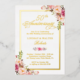 Invitación Con Relieve Metalizado Aniversario de Boda Floral Rosado Elegante Oro Rea