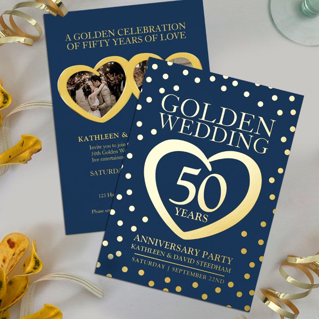 Invitación Con Relieve Metalizado Aniversario de bodas de oro 50º fiesta azul oro (Subido por el creador)
