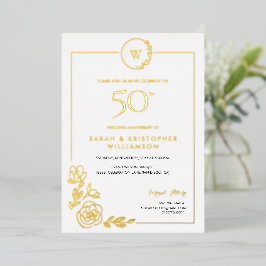 Invitación Con Relieve Metalizado Aniversario de Bodas de Oro Corona Monograma 50º
