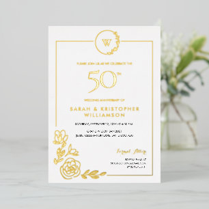 Invitación Con Relieve Metalizado Aniversario de Bodas de Oro Corona Monograma 50º