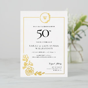 Invitación Con Relieve Metalizado Aniversario de Bodas de Oro Corona Monograma 50º