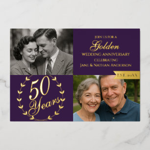 Invitación Con Relieve Metalizado Aniversario de bodas de oro número 50 foto morada