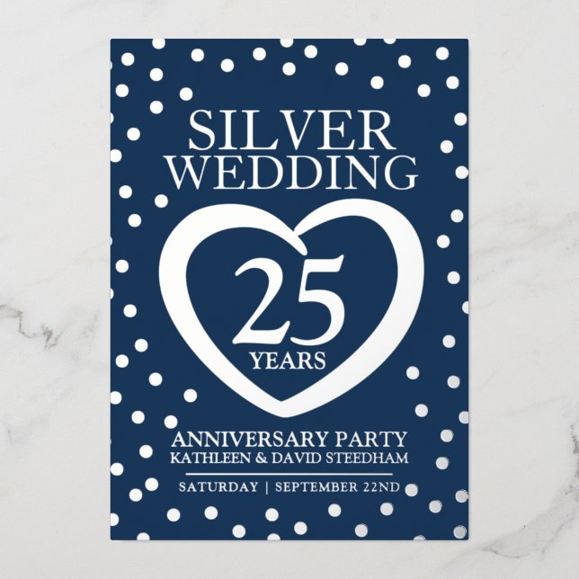 Invitación Con Relieve Metalizado Aniversario de bodas de plata 25ª fiesta azul plat (Anverso)